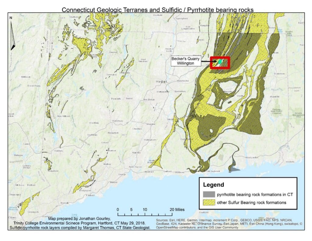 Map of pyrrhotite bearing rock formations in CT