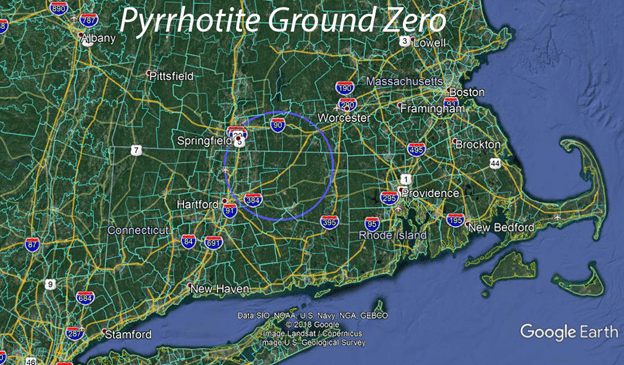 Map showing area in MA and CT with pyrrhotite contaminated concrete