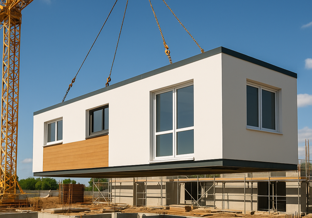 Image of crane lowering modular building onto foundation