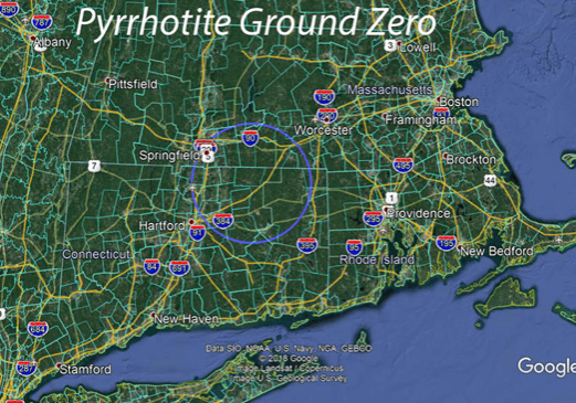 Map showing area in MA and CT with pyrrhotite contaminated concrete